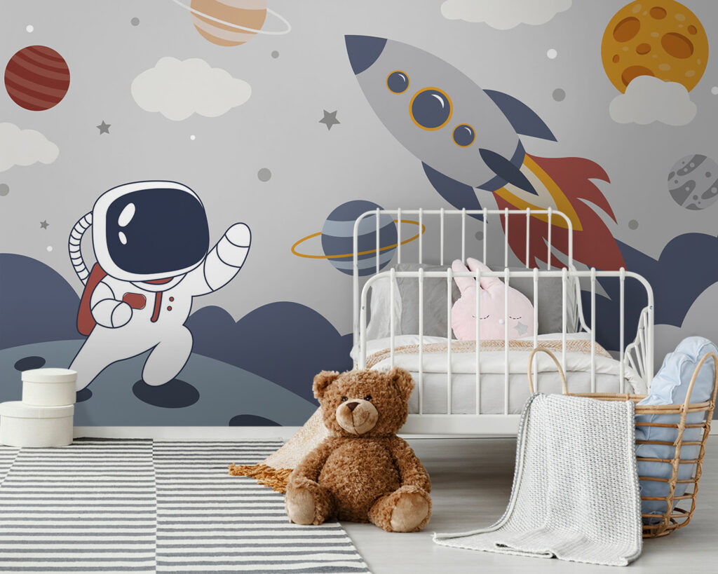 Foguetão e pequeno astronauta num interior