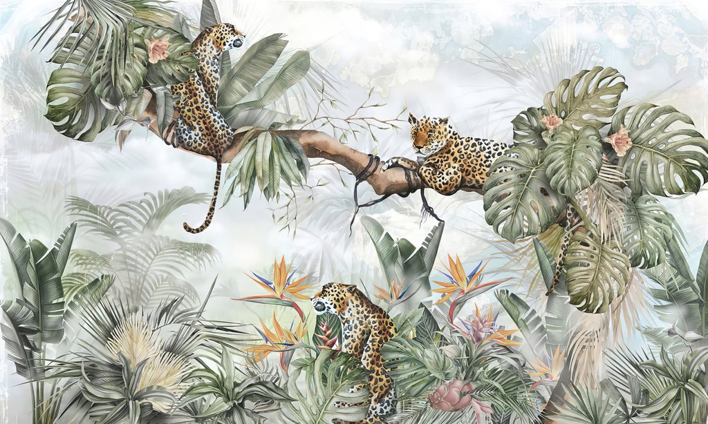 Leopardos entre palmeiras — design completo