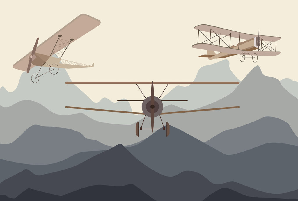 Três aviões sobre montanhas — design completo
