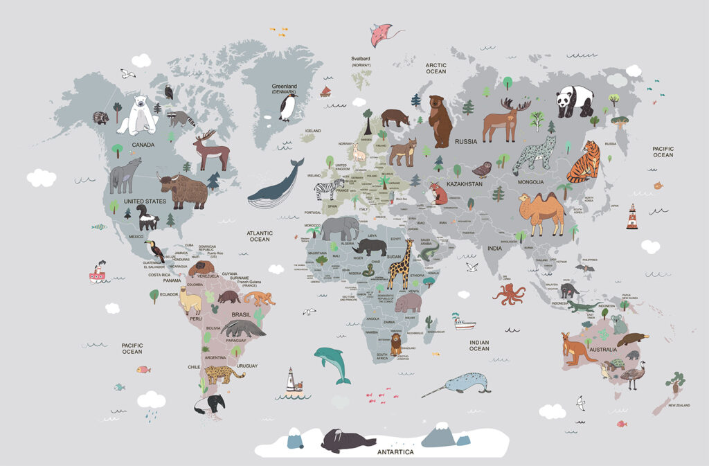 Mapa-múndi com pequenos animais — design completo