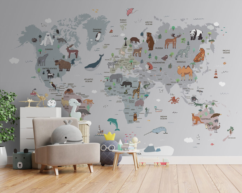 Mapa-múndi com pequenos animais num interior