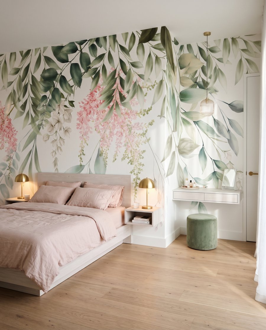 Flores e folhas pendentes num interior