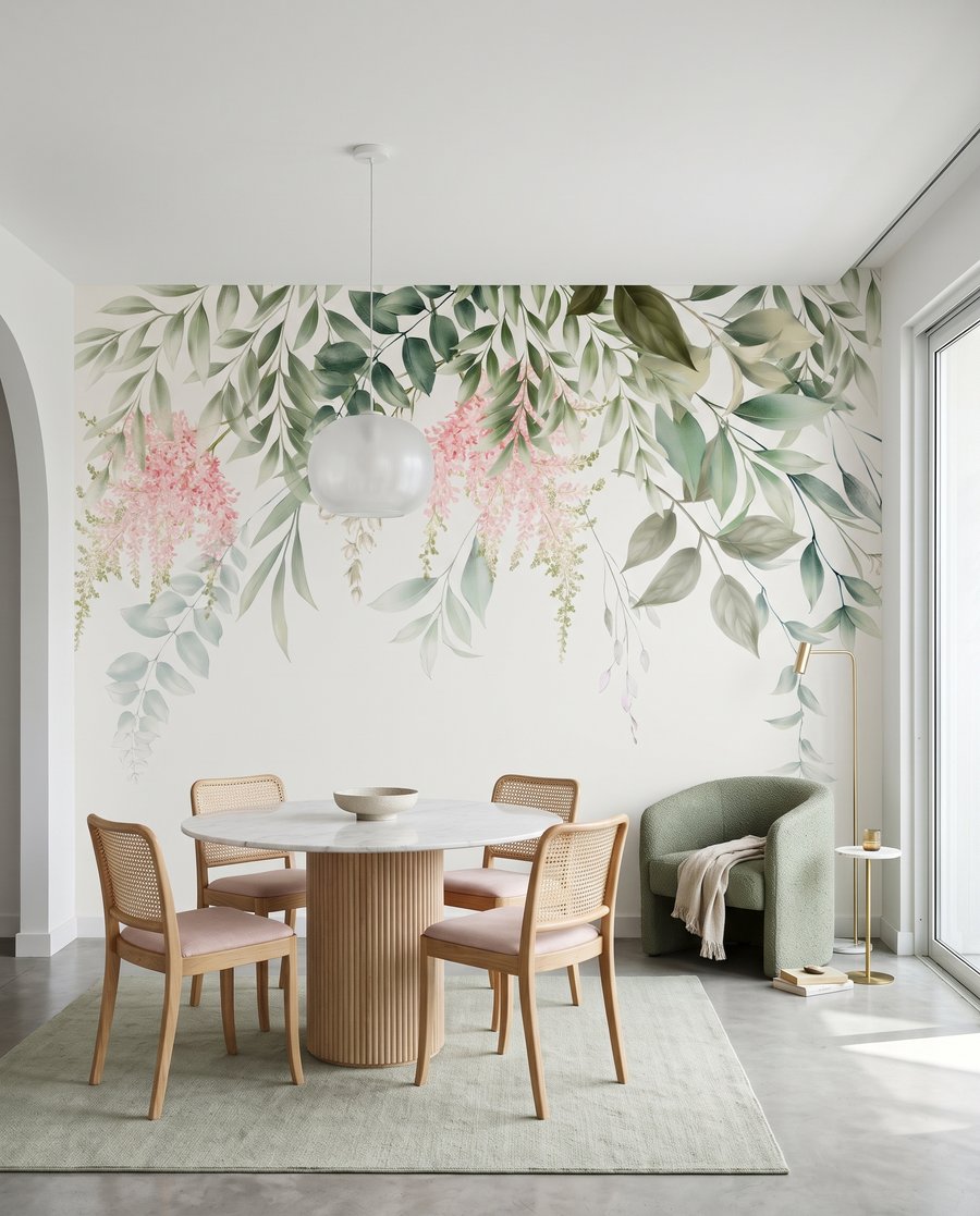 Flores e folhas pendentes num interior