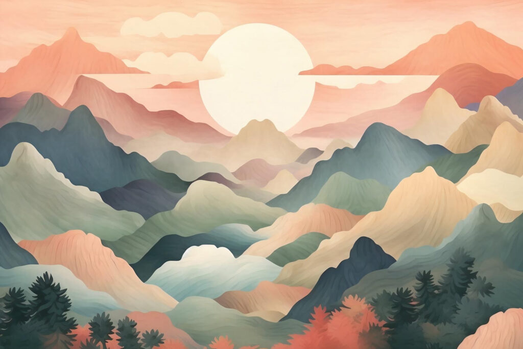 Sol entre montanhas coloridas — design completo