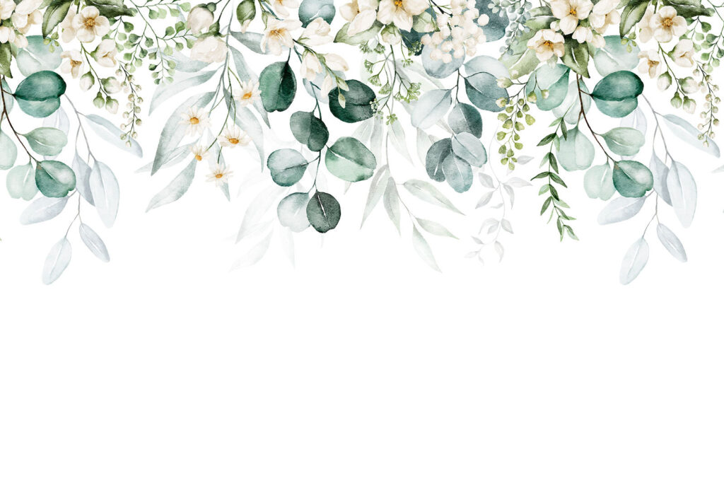 Flores brancas, folhas pendentes — design completo
