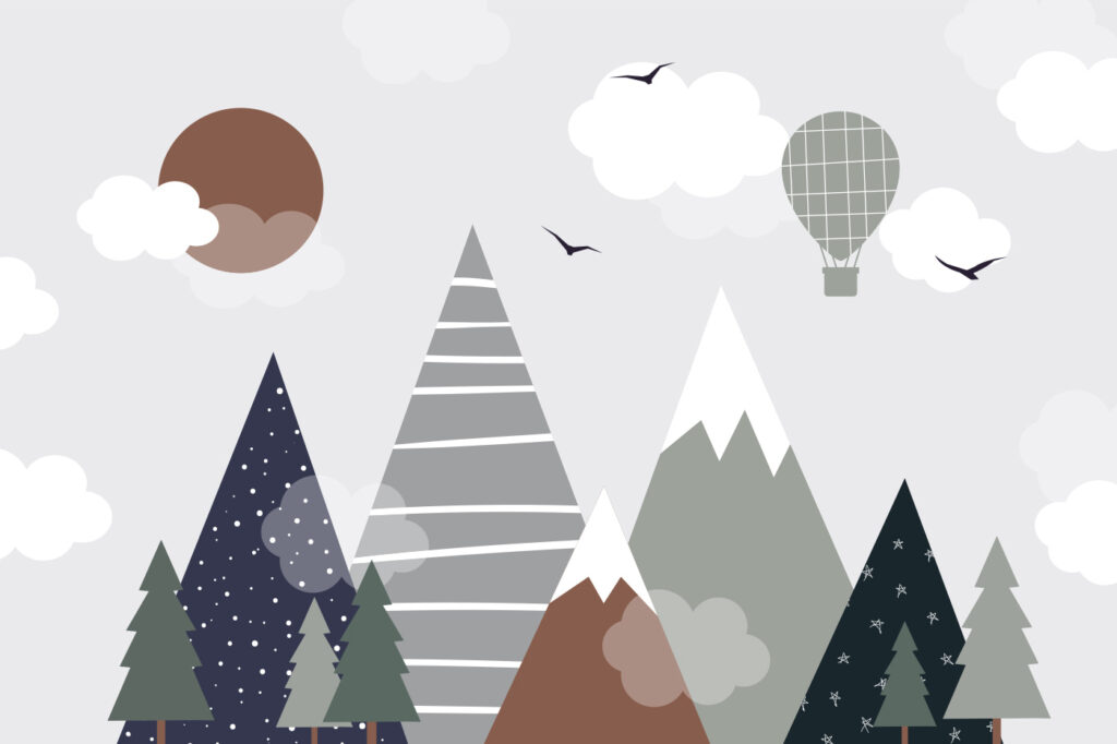 Balão sobre montanhas geométricas — design completo
