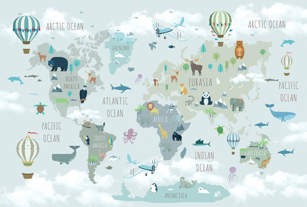 Mapa animal com balões — design completo