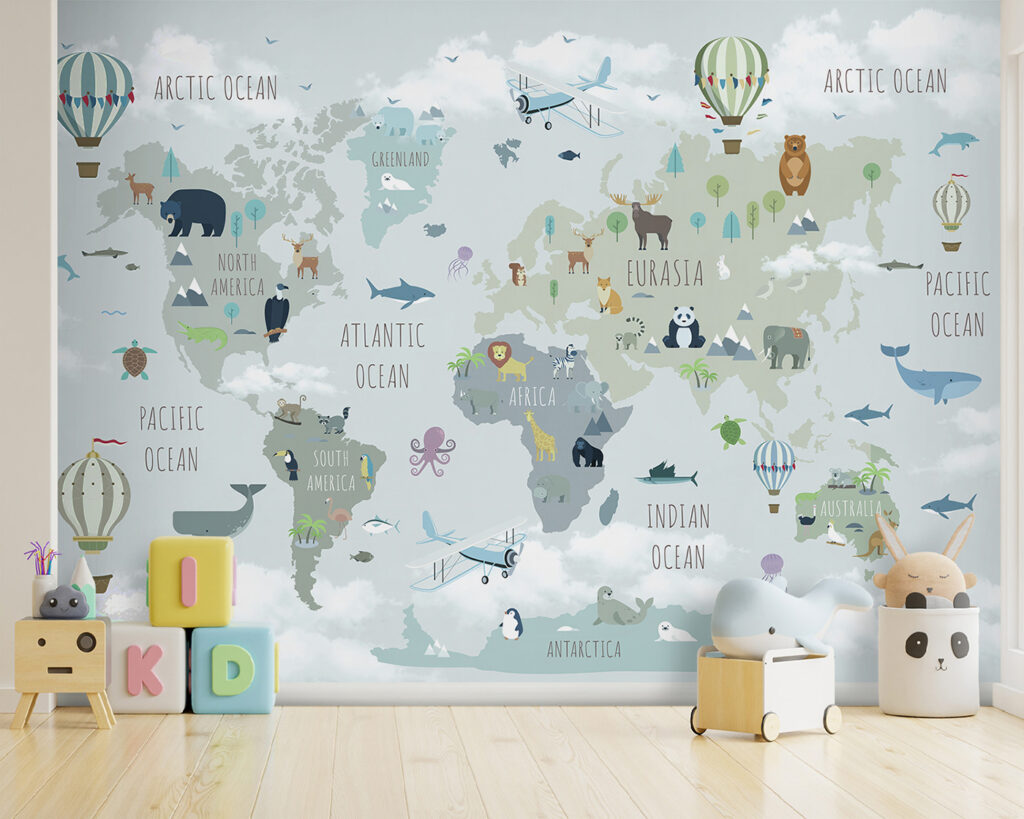 Mapa animal com balões num interior