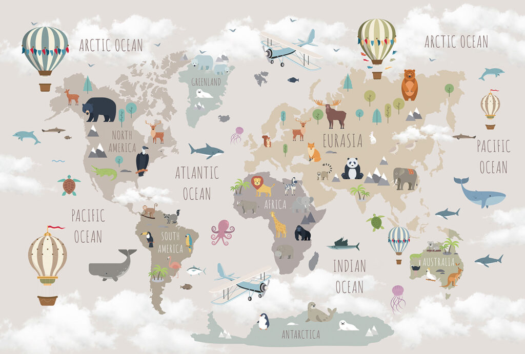 Mapa animal com balões — design completo