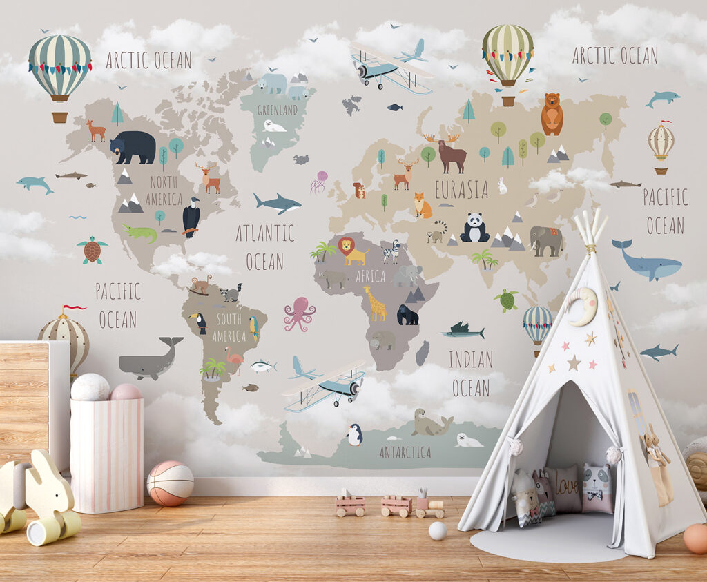 Mapa animal com balões num interior