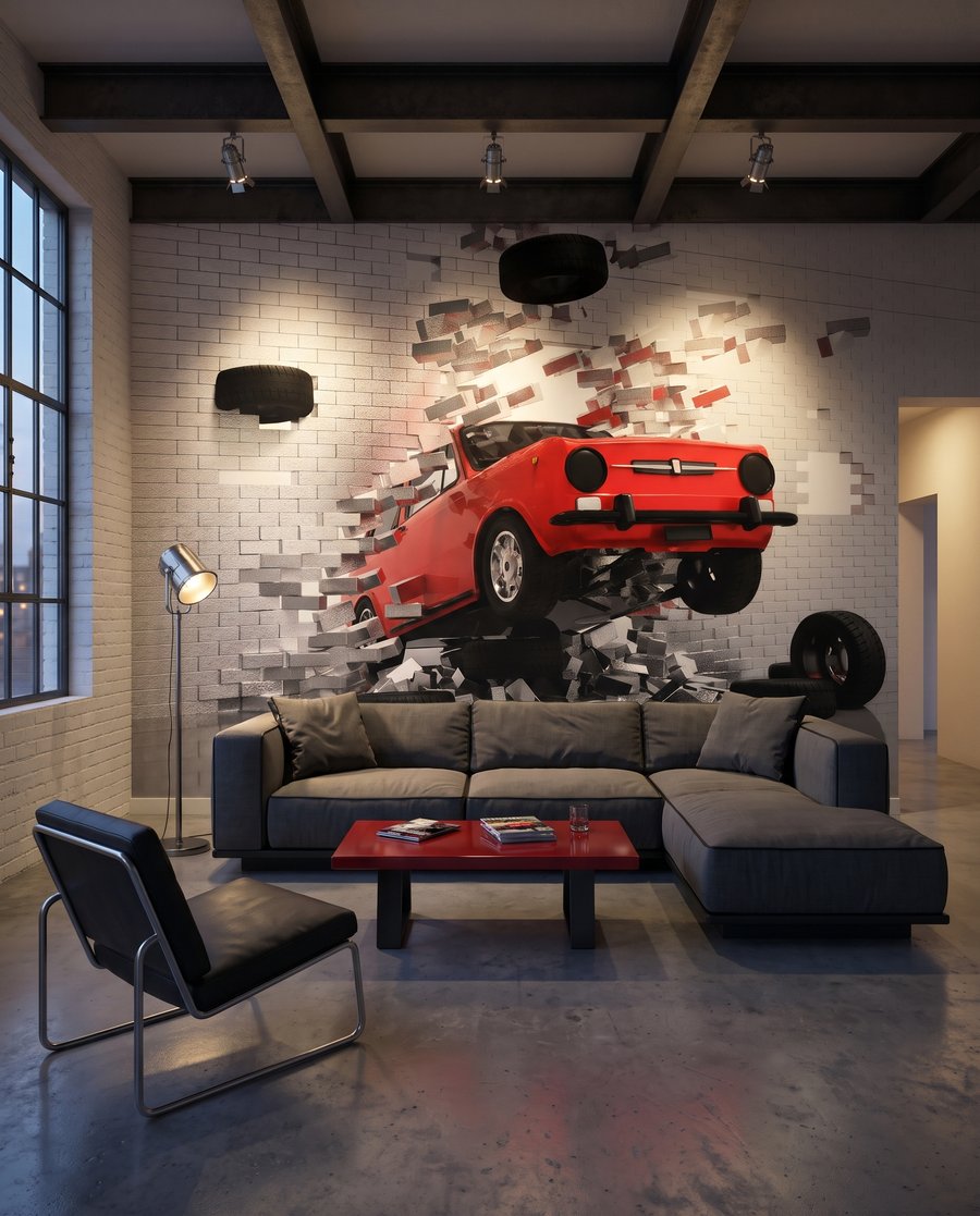 Carro vermelho a romper num interior