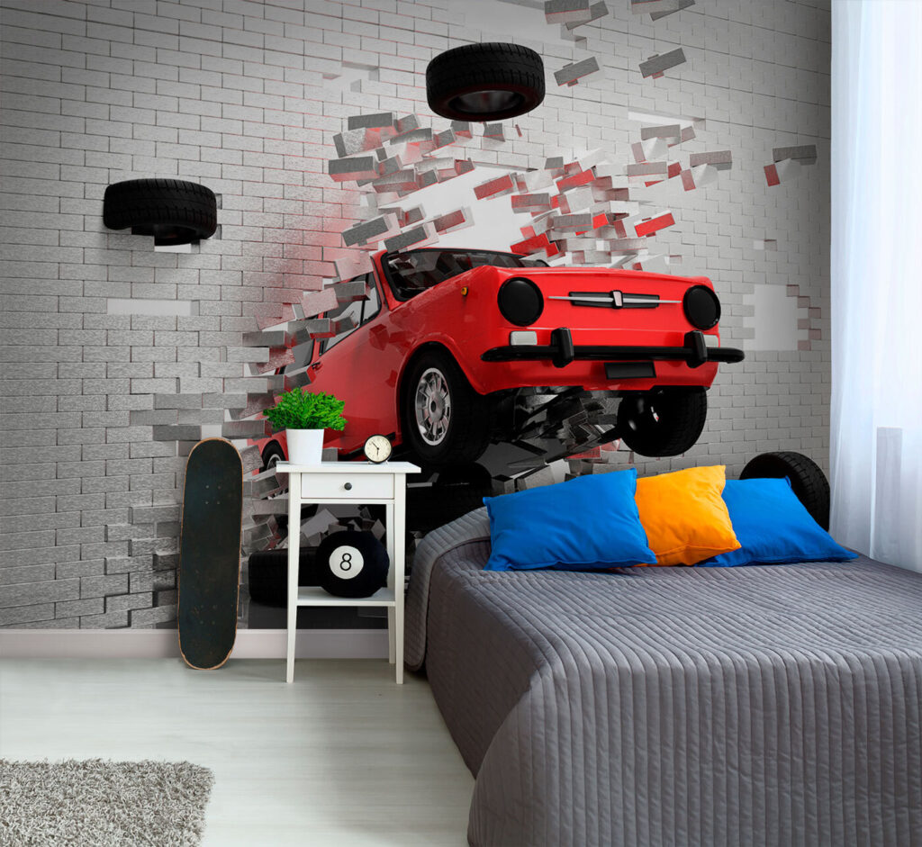 Carro vermelho a romper num interior