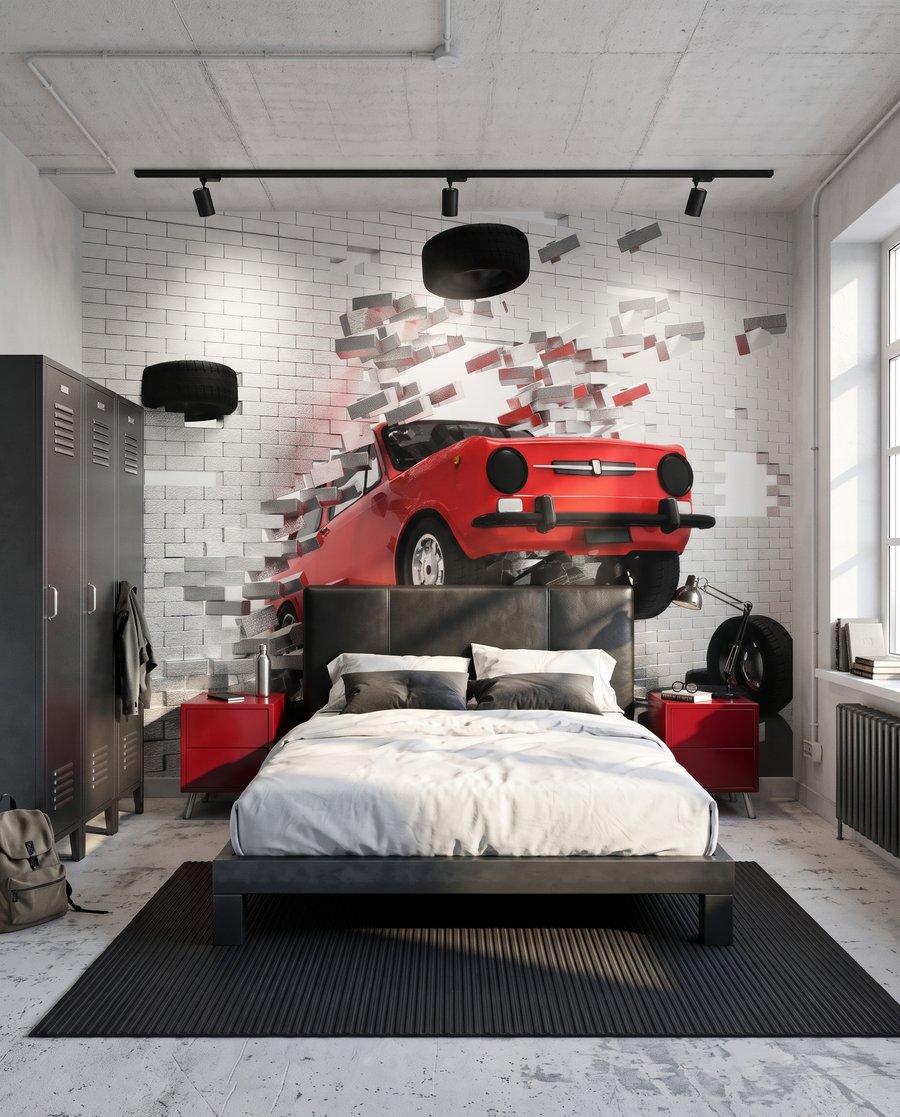 Carro vermelho a romper num interior