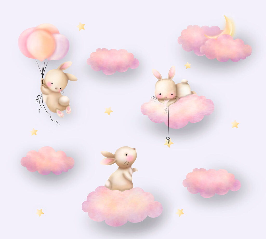 Coelhinhos em nuvens cor-de-rosa — design completo