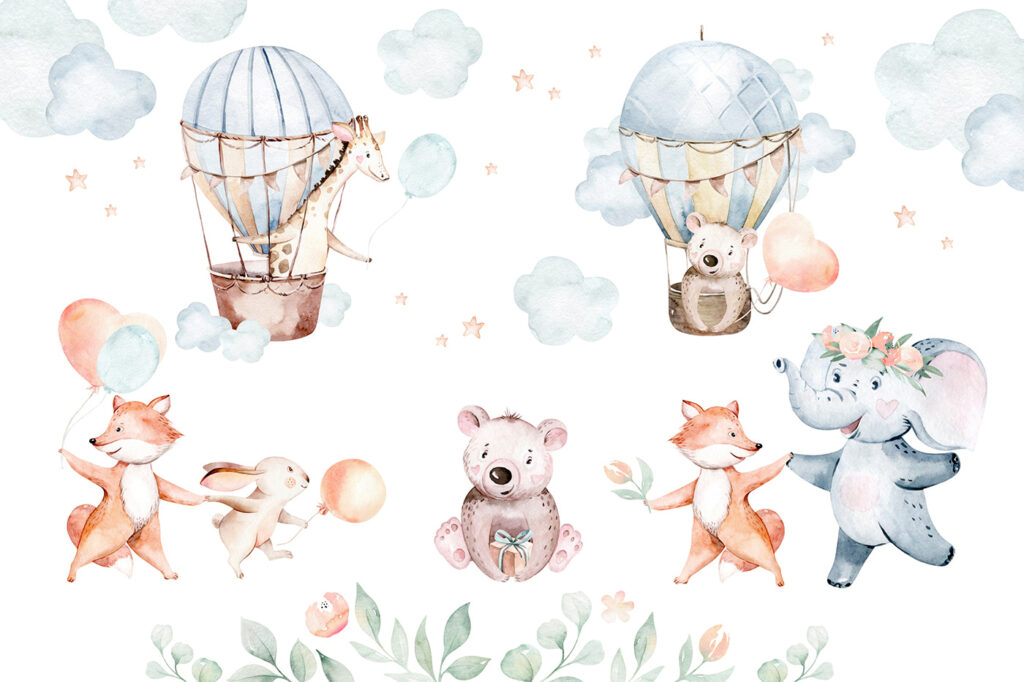 Animais com dois balões — design completo