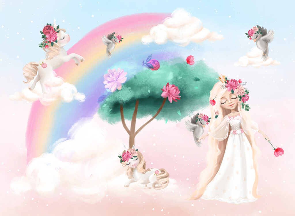 Princesa sob árvore arco-íris — design completo