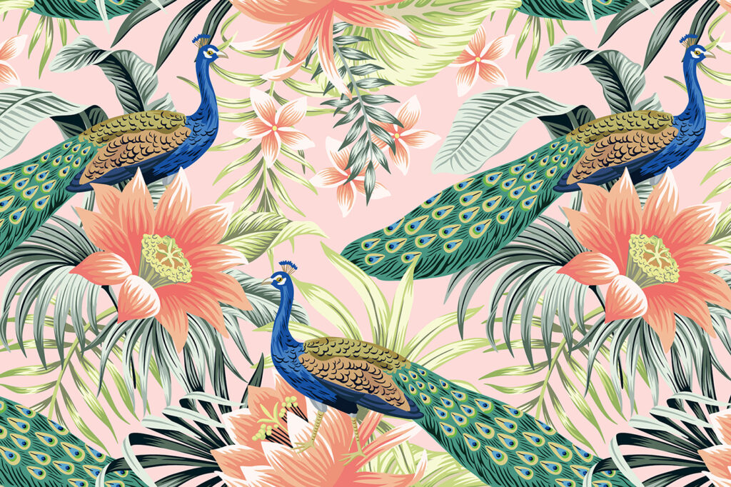 Pavões entre flores laranja — design completo