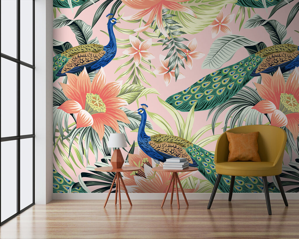Pavões entre flores laranja — interior 1