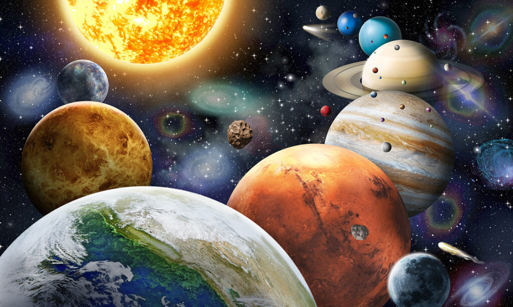 Sol e planetas coloridos — design completo