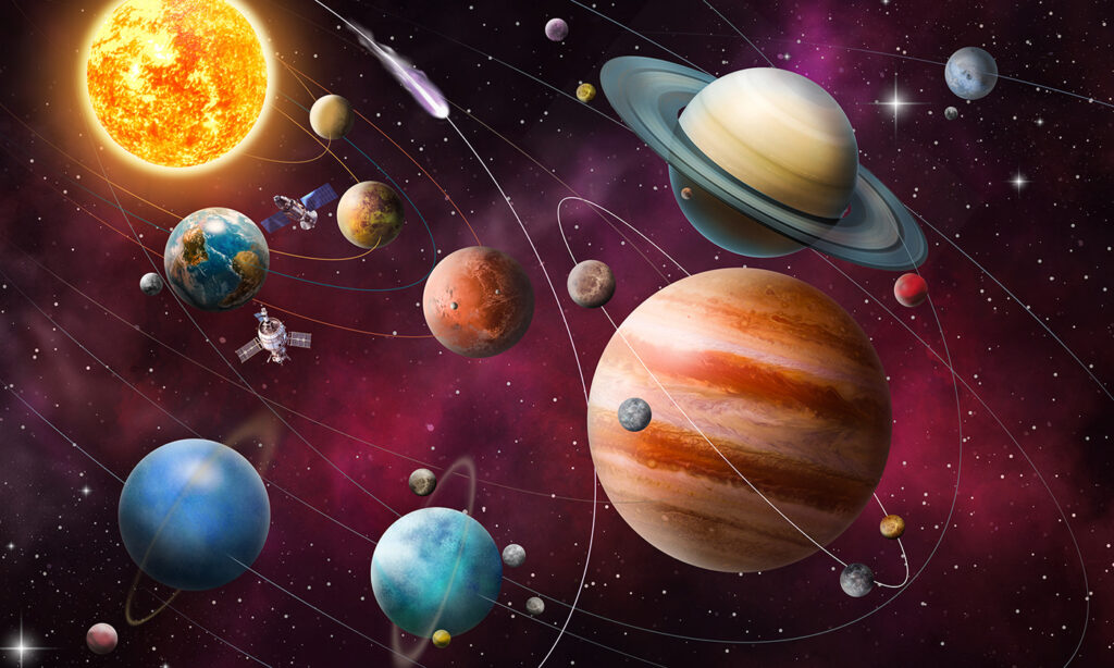 Planetas no espaço vermelho — design completo
