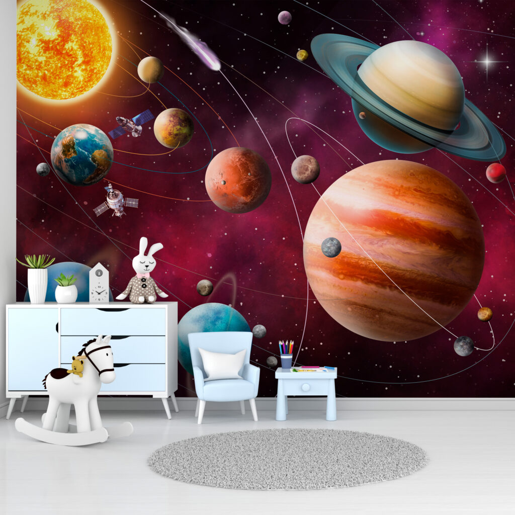 Planetas no espaço vermelho num interior