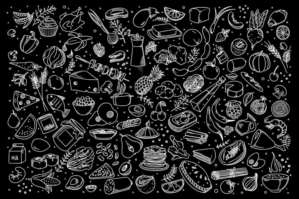 Desenhos culinários em preto — design completo