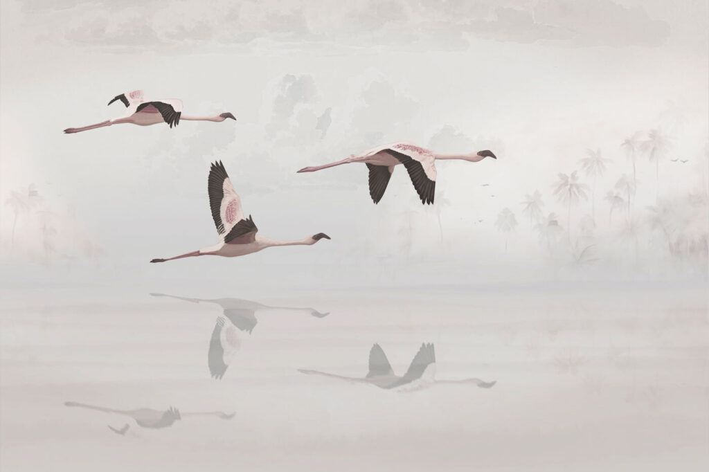 Flamingos sobre reflexo pálido — design completo