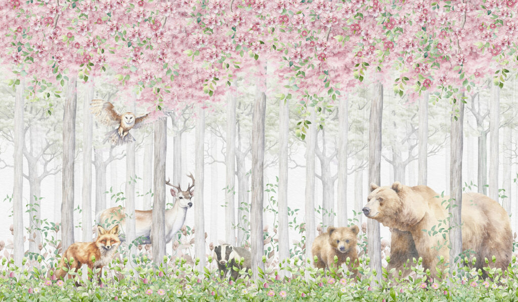 Animais sob copa rosada — design completo