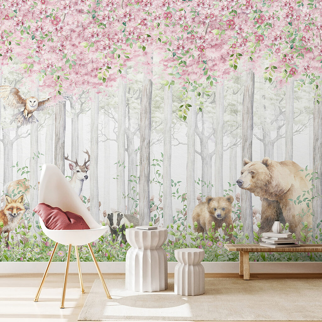 Animais sob copa rosada — interior 5