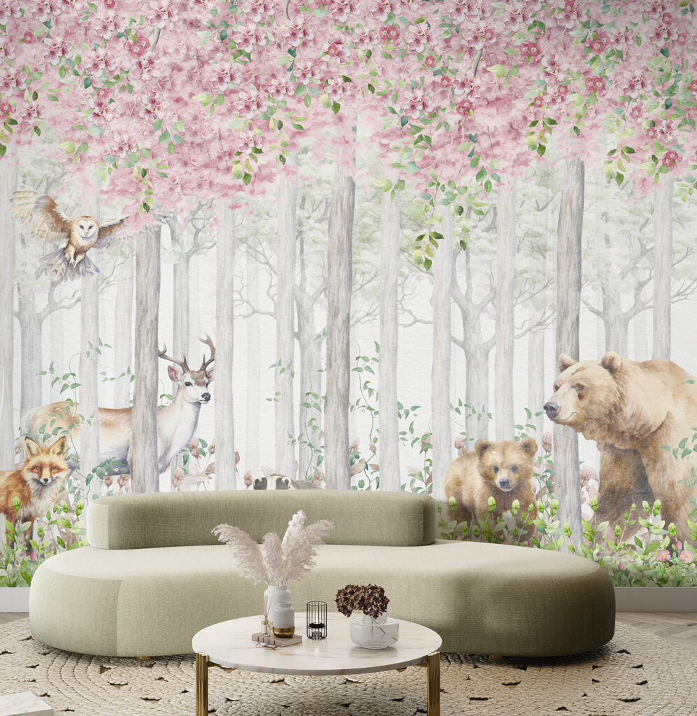 Animais sob copa rosada — interior 3