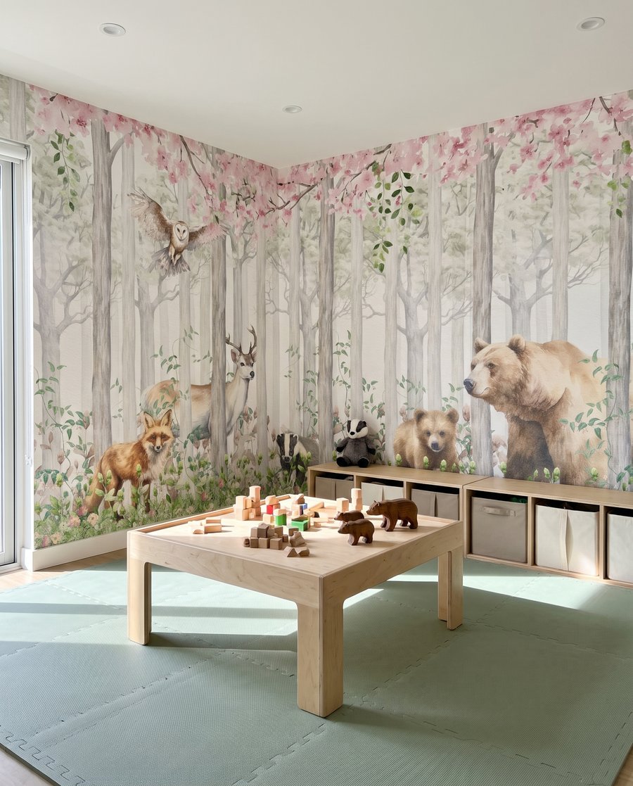 Animais sob copa rosada num interior