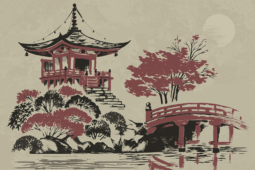 Pagode e ponte vermelha — design completo