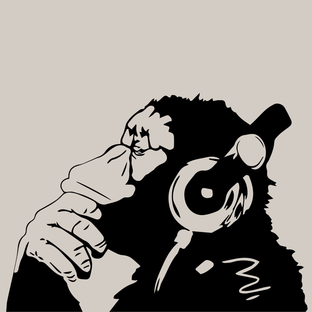 Macaco segura os auscultadores — design completo