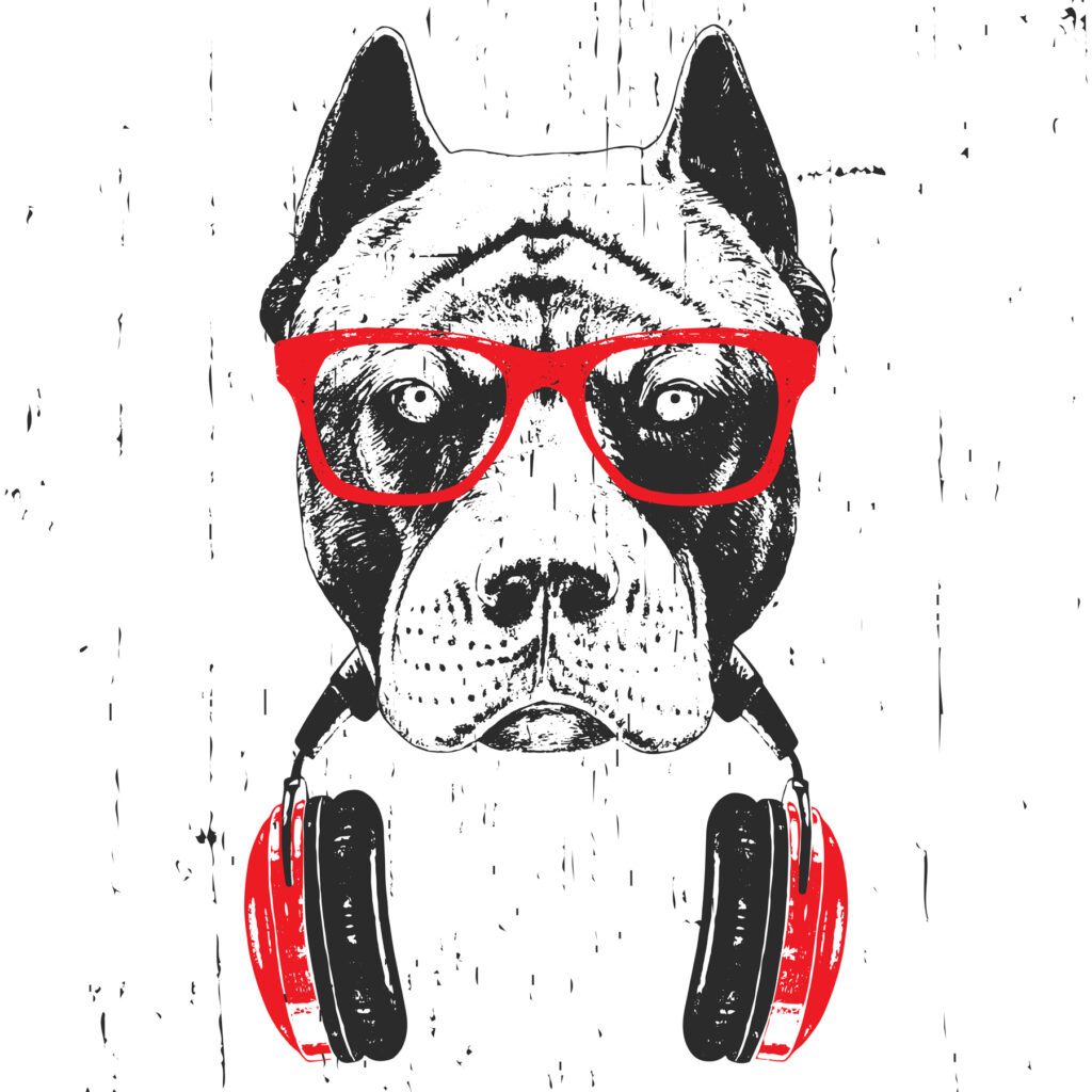 Cão com auscultadores vermelhos — design completo