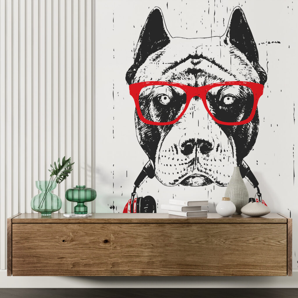 Cão com auscultadores vermelhos — interior 1