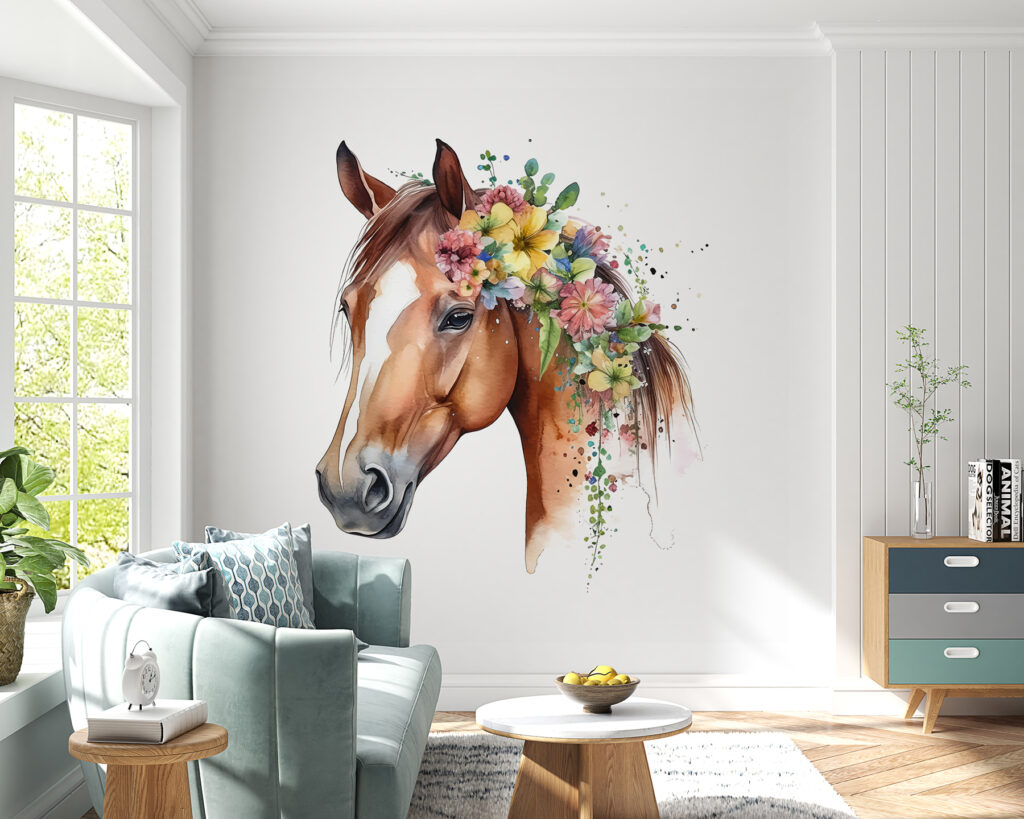 Cavalo de juba florida num interior
