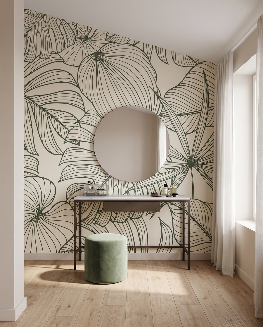 Folhas de contornos verdes num interior