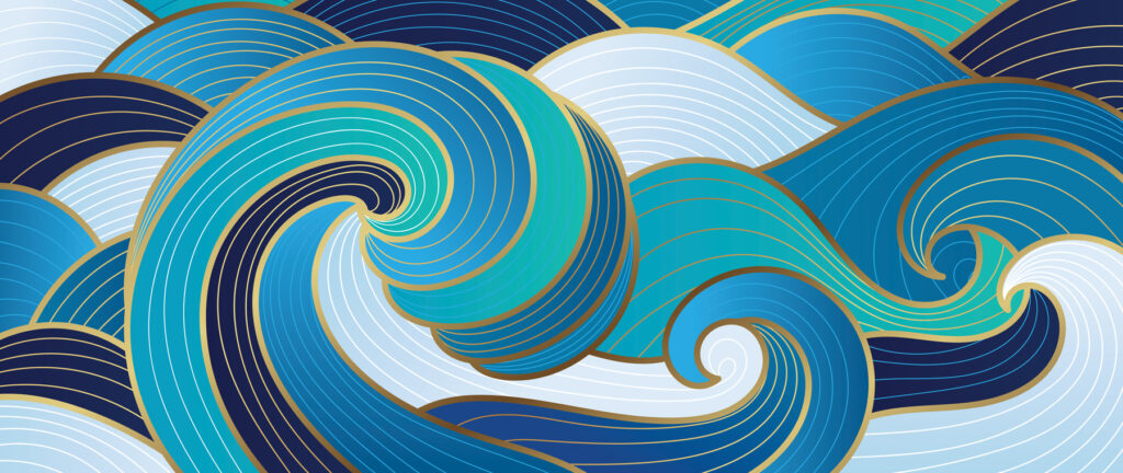 Ondas azuis, linhas douradas — design completo
