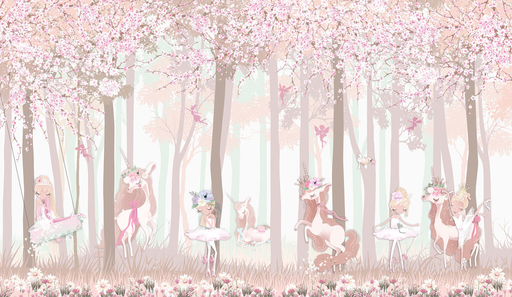 Unicórnios num bosque rosa — design completo