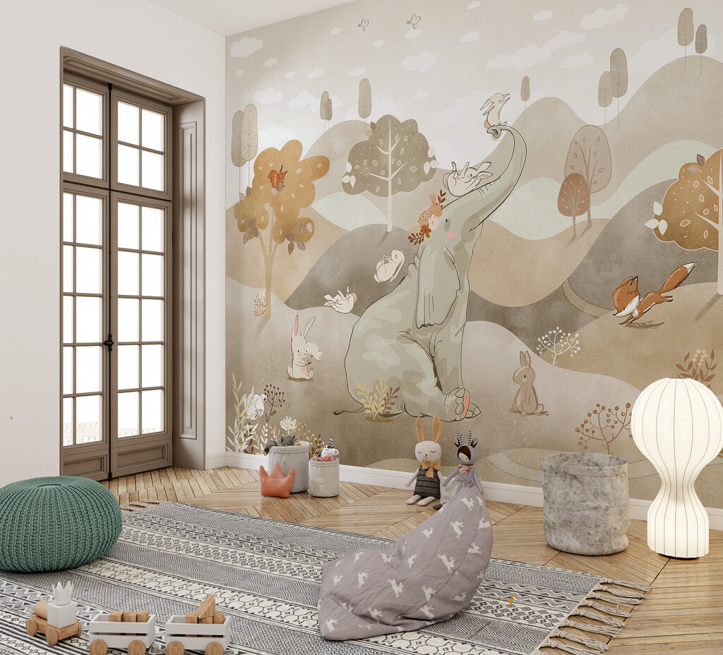 Elefante e amigos num interior