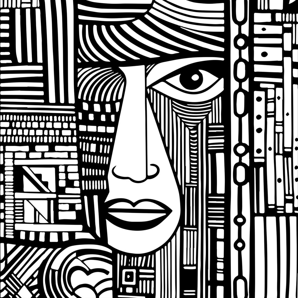 Rosto entre linhas verticais — design completo