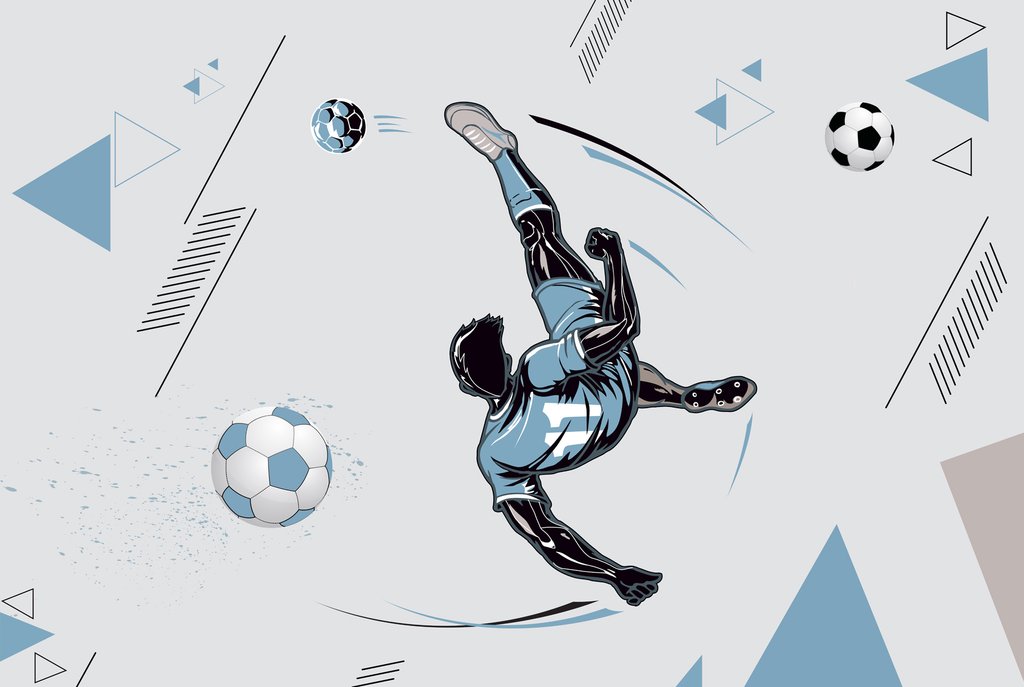 Futebolista num salto azul — design completo
