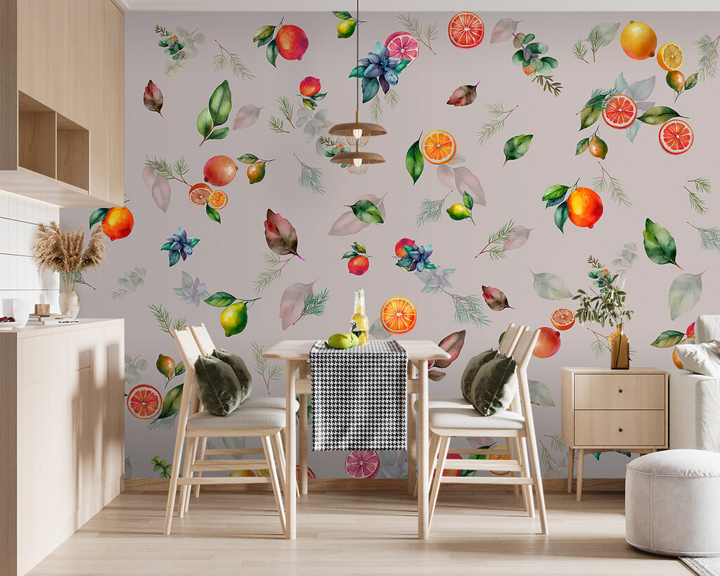 Frutos cítricos e ramos num interior