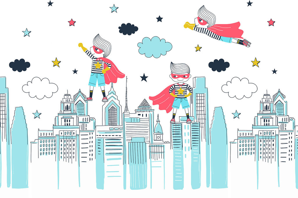 Super-heróis sobre a cidade — design completo
