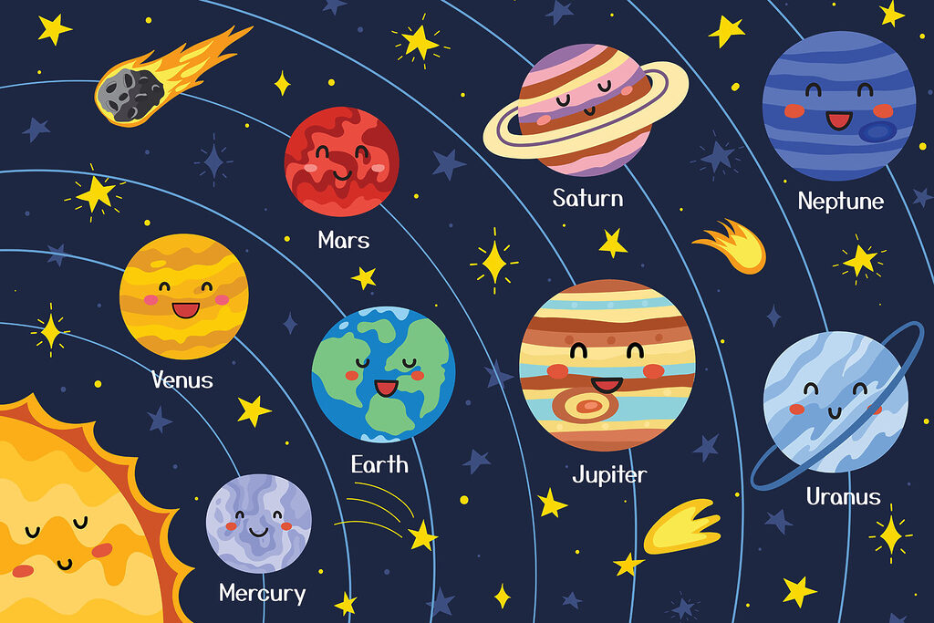 Planetas com rostos alegres — design completo