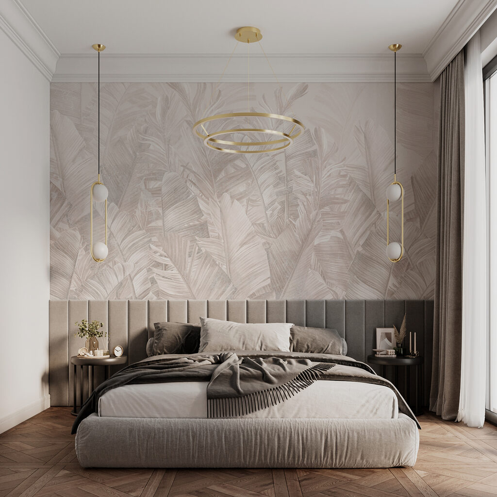 Folhas tropicais suaves num interior