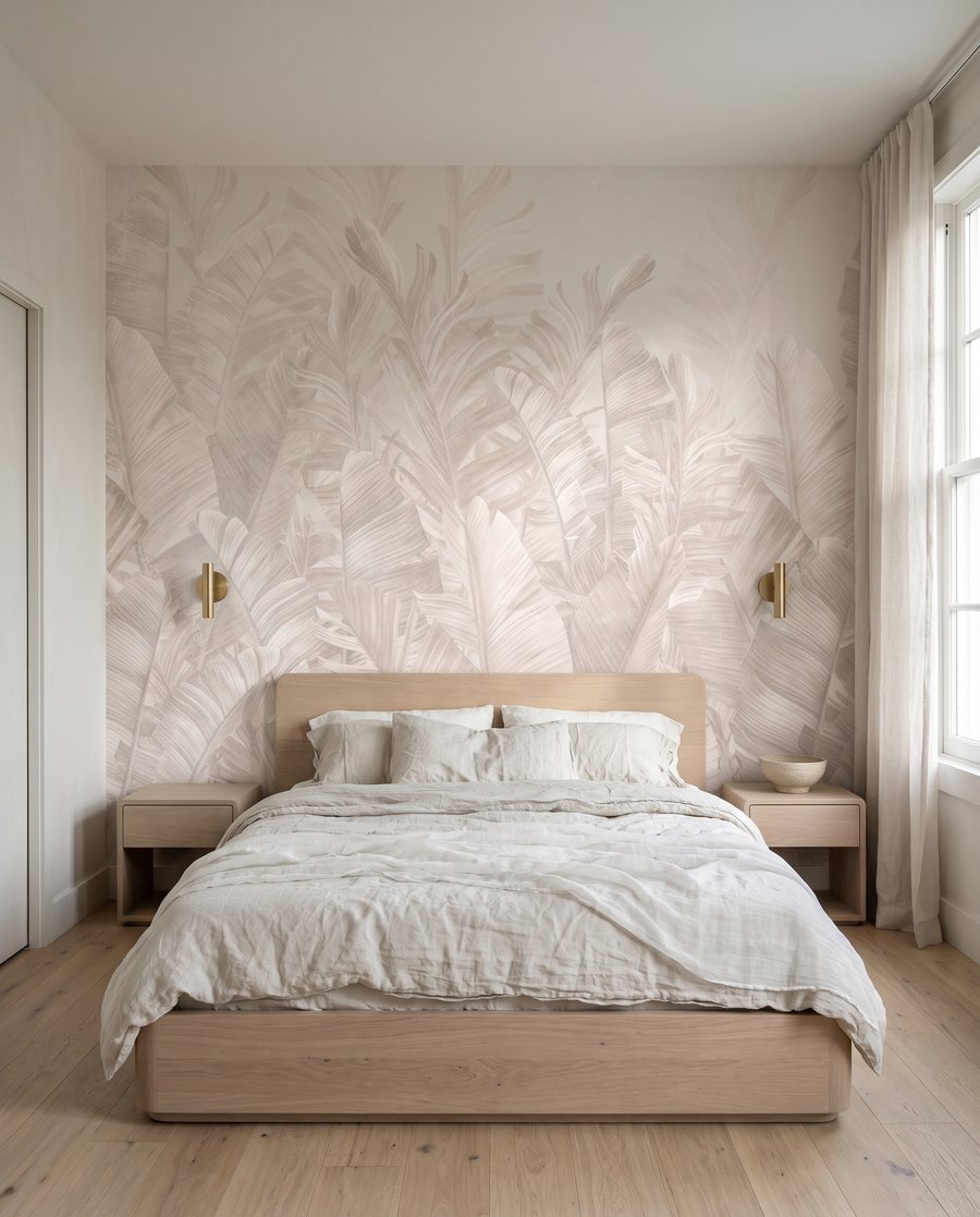 Folhas tropicais suaves num interior