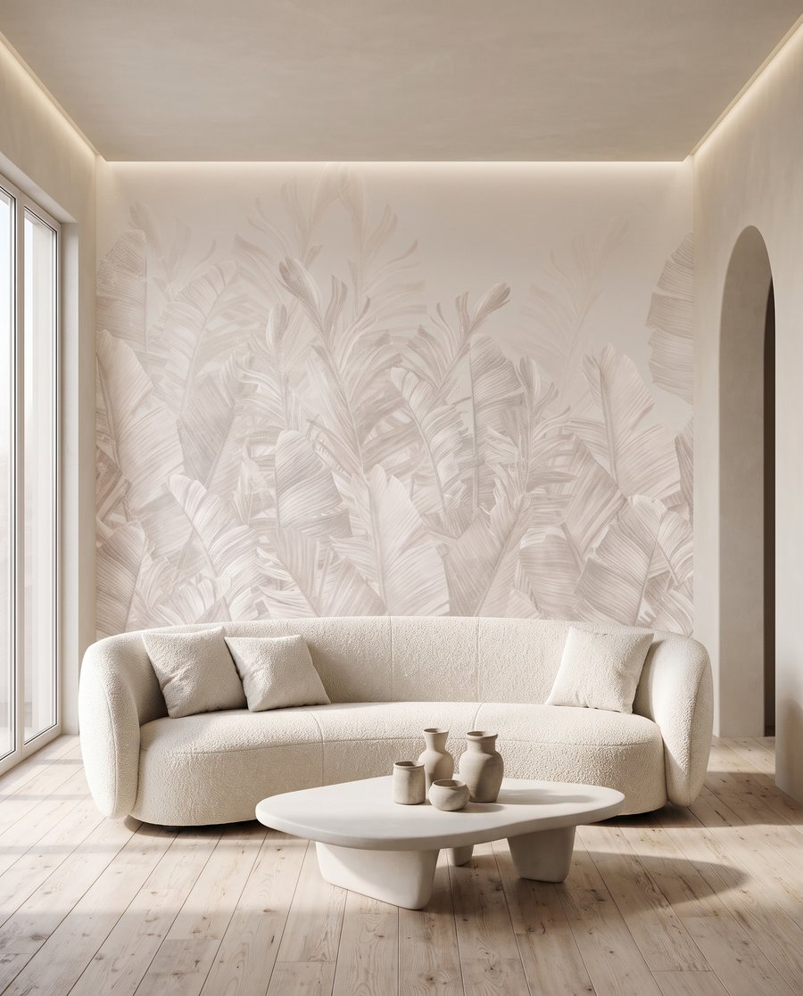 Folhas tropicais suaves num interior