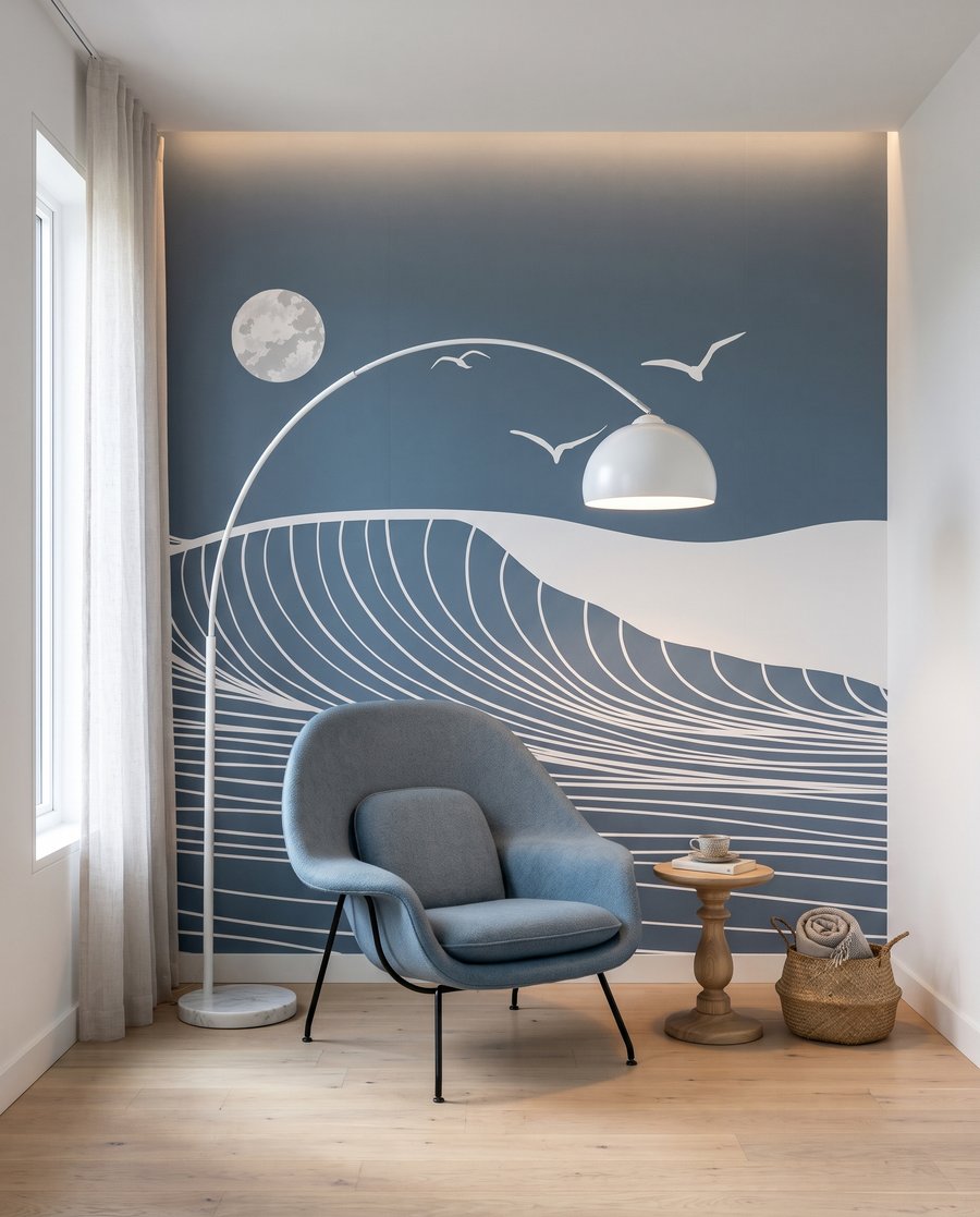 Ondas brancas ao luar num interior