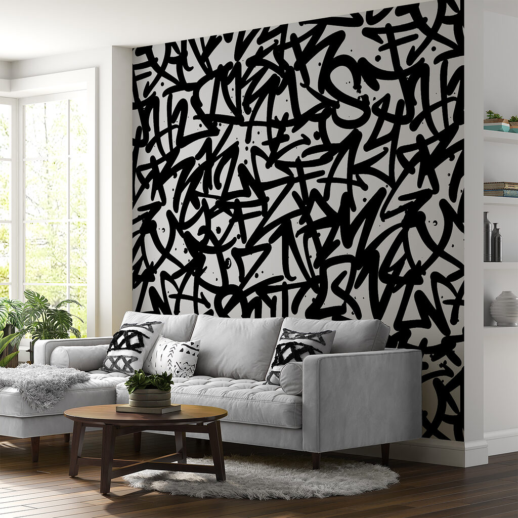 Letras sobrepostas num interior